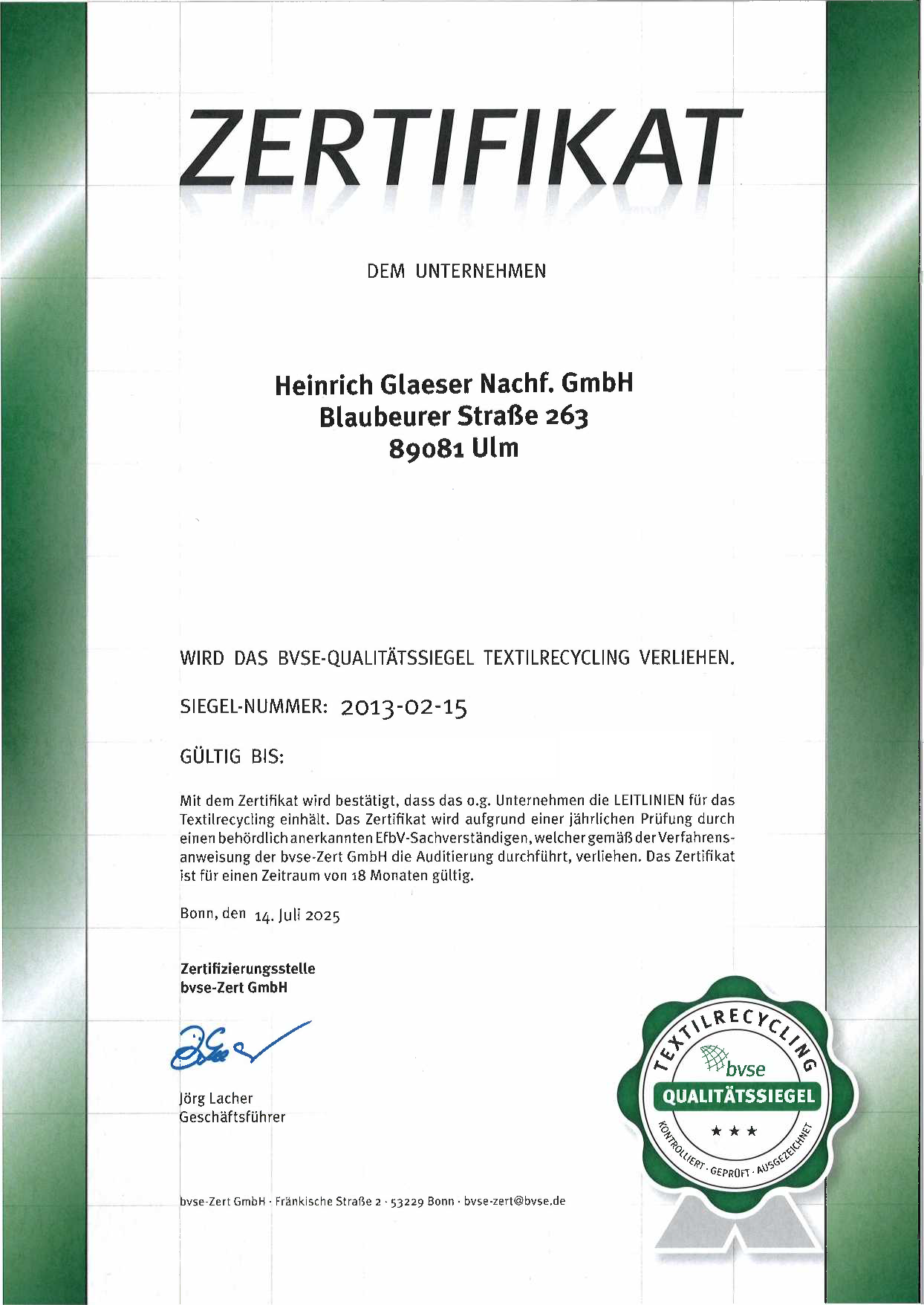 Glaeser_QS-Zert Textilrecycling-zenziert
